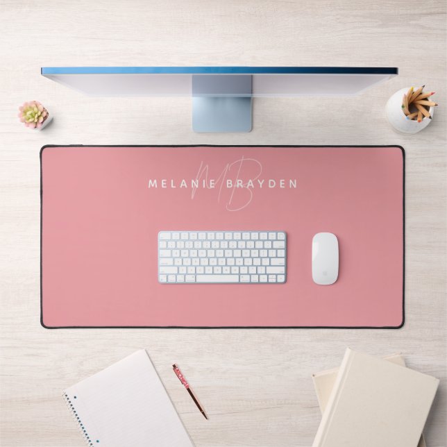 Simple Pink Minimalist Monogram Office Desk Mat (Office 1)