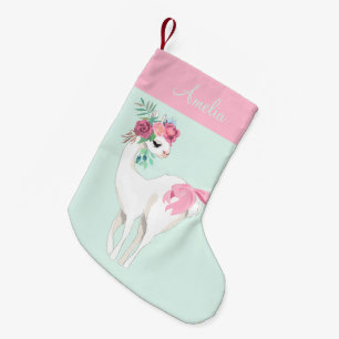 Simple Pink Mint Green Llama Girl Cute Small Christmas Stocking