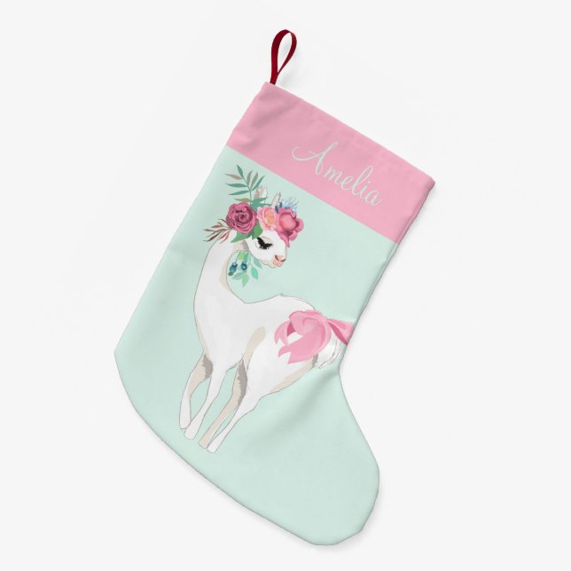 Simple Pink Mint Green Llama Girl Cute Small Christmas Stocking (Front (Hanging))