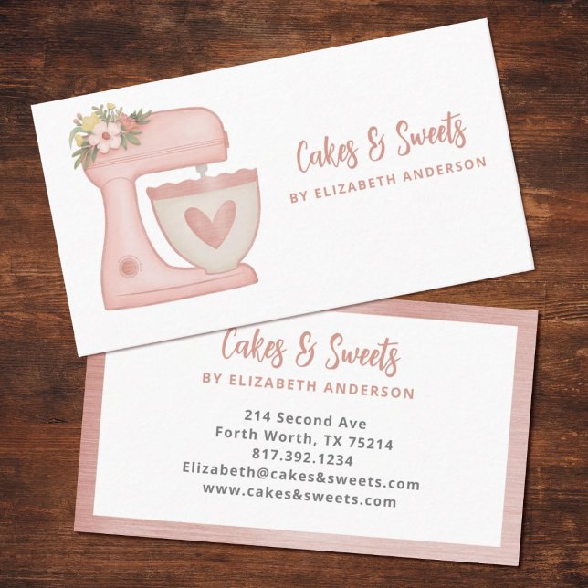 Simple Pink Mixer Floral Cake Bakery Business Card (A cute pink mixer business card. Great for a small bakery.)