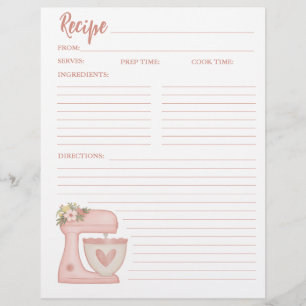 Simple Pink Mixer Floral Cake Bakery Recipe Card