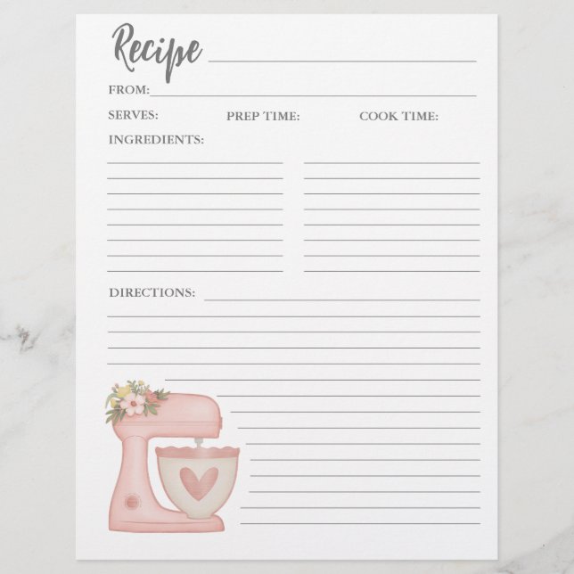 Simple Pink Mixer Floral Cake Bakery Recipe Card (Front)