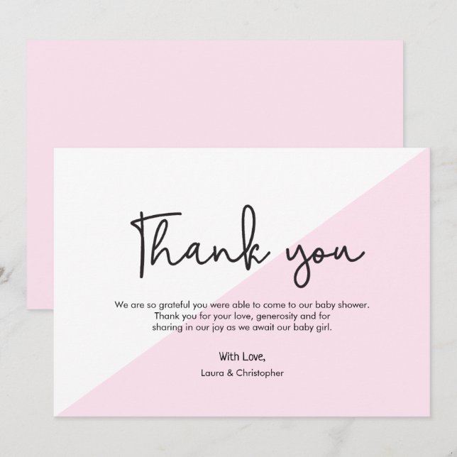 Simple Pink Modern Baby Girl Shower Thank You Invitation (Front/Back)