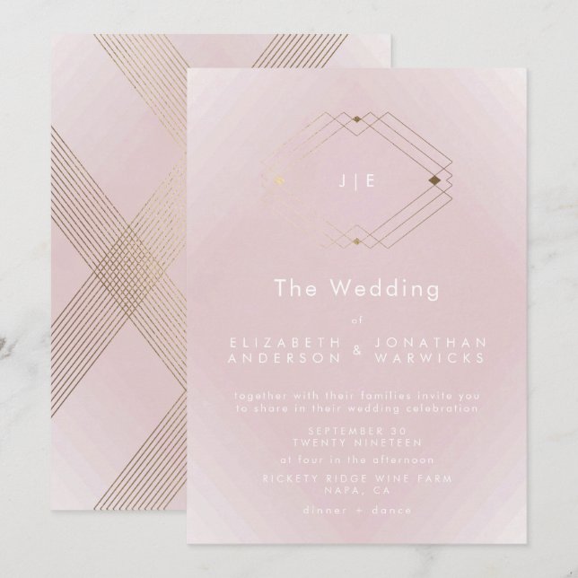Simple Pink Modern Geometric Gold Wedding Invitation (Front/Back)