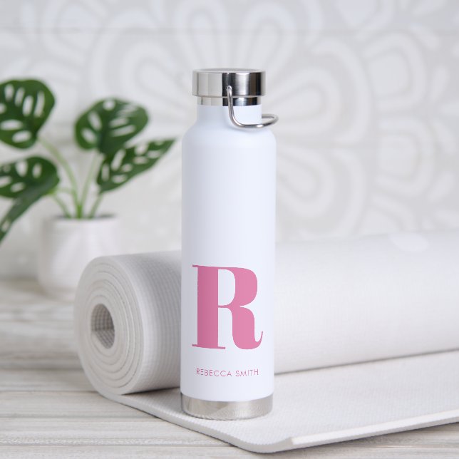 Simple Pink Modern Monogram Water Bottle (Yoga)