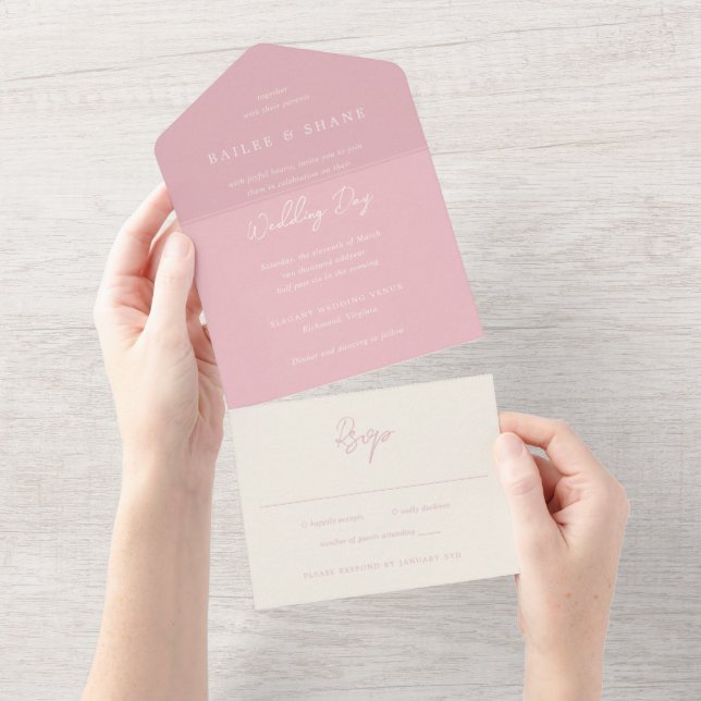 Simple Pink Modern Wedding All In One Invitation (Tearaway)