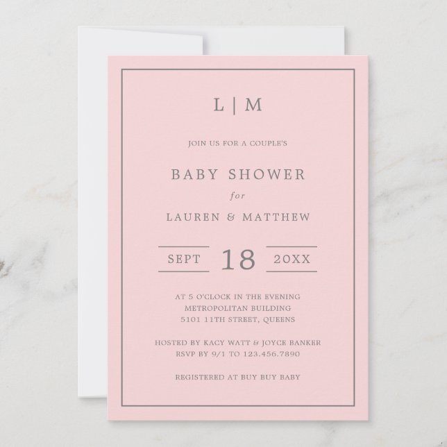 Simple Pink Monogram Girl Couples Baby Shower Invitation (Front)