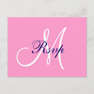 Simple Pink Navy Blue Monogram Wedding RSVP Invitation Postcard
