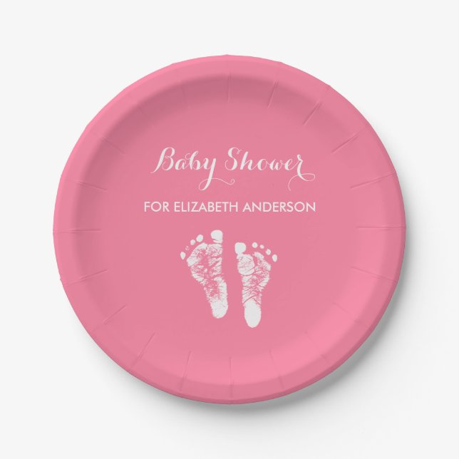 Simple Pink Newborn Footprints Girl Baby Shower Paper Plate (Front)