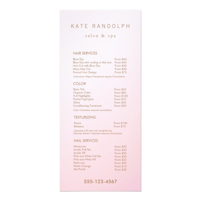 Simple Pink Ombre Salon Price List Service Menu (Front)