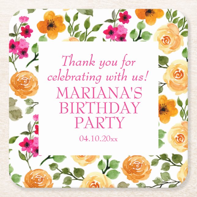 Simple Pink Orange Floral Birthday Party Favour Square Paper Coaster (Front)