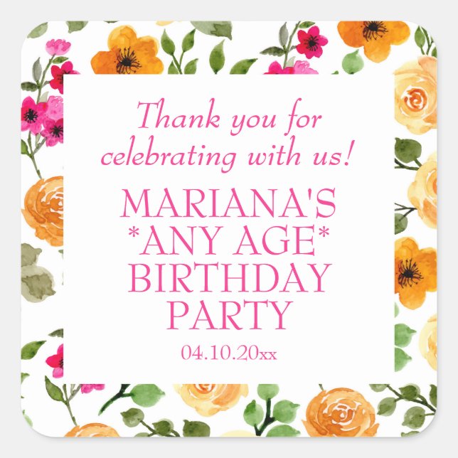 Simple Pink Orange Floral Birthday Party Favour Square Sticker (Front)