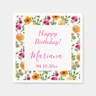 Simple Pink Orange Floral Birthday Party Napkin