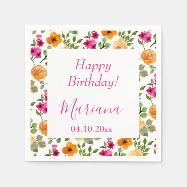 Simple Pink Orange Floral Birthday Party Napkin (Front)