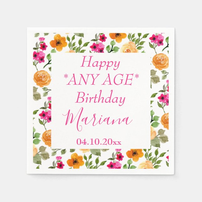 Simple Pink Orange Floral Birthday Party Napkins (Front)