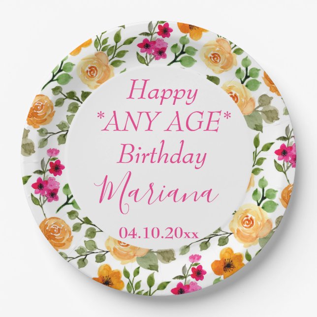 Simple Pink Orange Floral Birthday Party Paper Plate (Front)