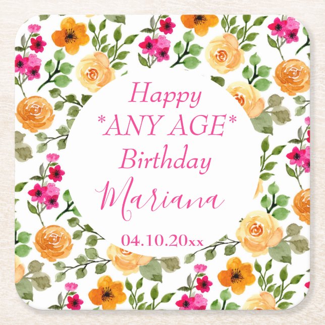 Simple Pink Orange Floral Birthday Party Square Paper Coaster (Front)