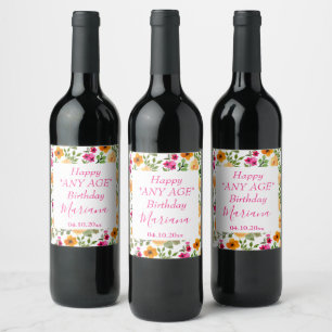 Simple Pink Orange Floral Birthday Party Wine Label