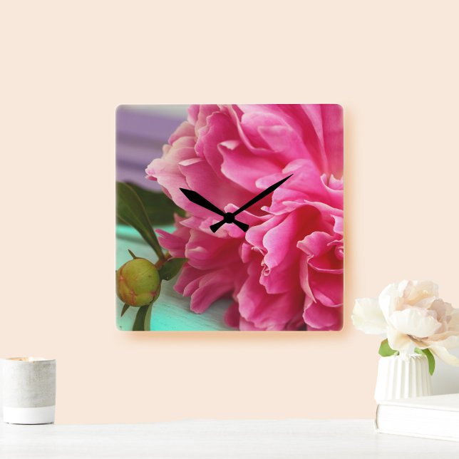 Simple Pink Peony Flower Square Wall Clock (Creator Uploaded)