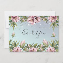 Simple pink peony, string lights wedding thank you