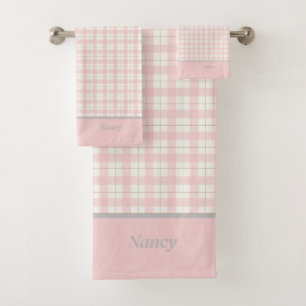 Simple Pink Plaid Custom Name Farmhouse Bath Towel Set