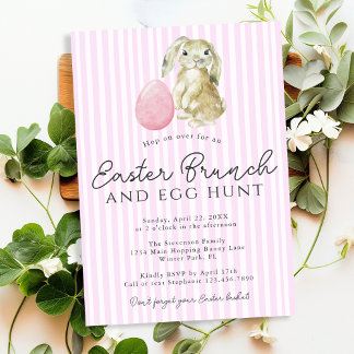 Simple Pink Preppy Stripes Bunny Egg Easter Brunch Invitation