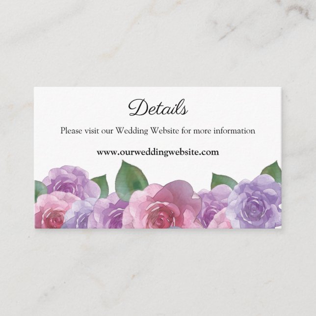 Simple Pink Purple Rose Floral Wedding Website Enclosure Card (Front)