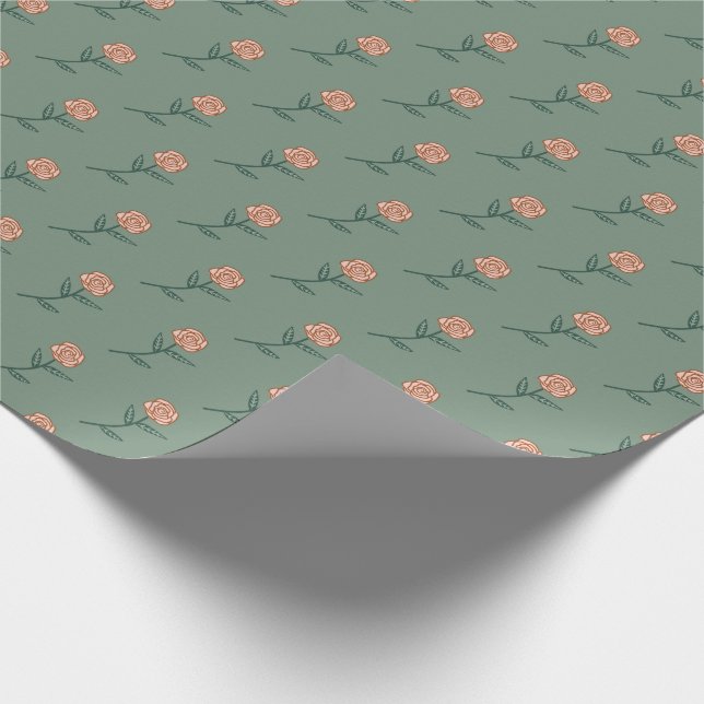 Simple Pink Roses Ditsy Floral Holiday Blue Gift Wrapping Paper (Corner)