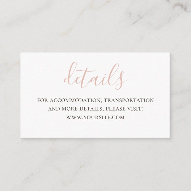 Simple pink script details. Modern wedding website Enclosure Card (Front)