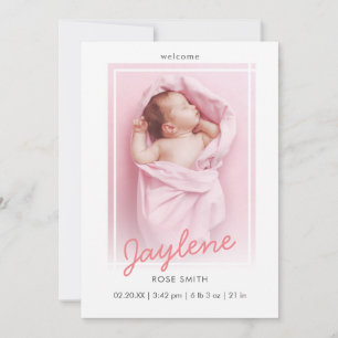 Simple Pink Script Newborn Baby Photo Birth Announcement