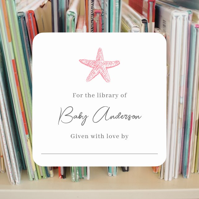 Simple pink starfish baby shower bookplate square sticker (Creator Uploaded)