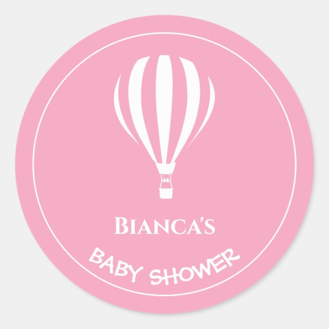 Simple Pink Striped Hot Air Balloon Baby Shower Classic Round Sticker (Front)