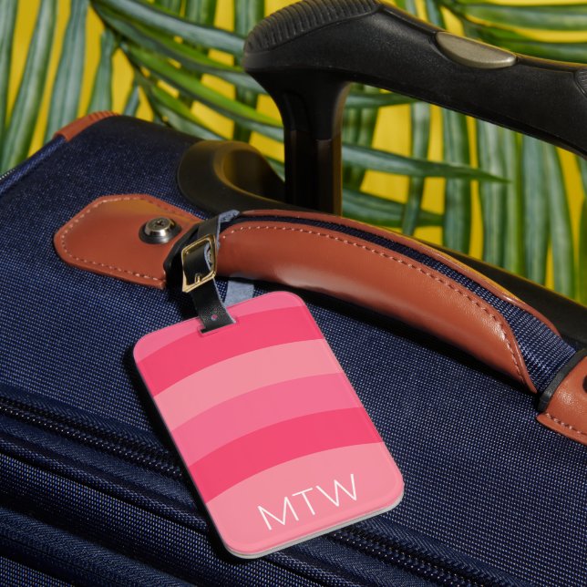 Simple Pink Stripes White Initials Monogram Luggage Tag (Front Insitu 1)