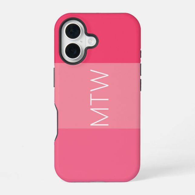 Simple Pink Stripes White Monogram iPhone 16 Case (Back)