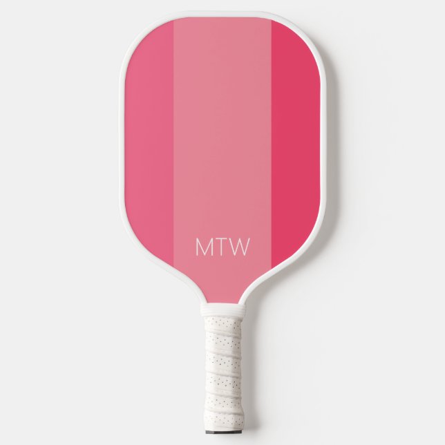 Simple Pink Stripes White Monogram Pickleball Paddle (Front)