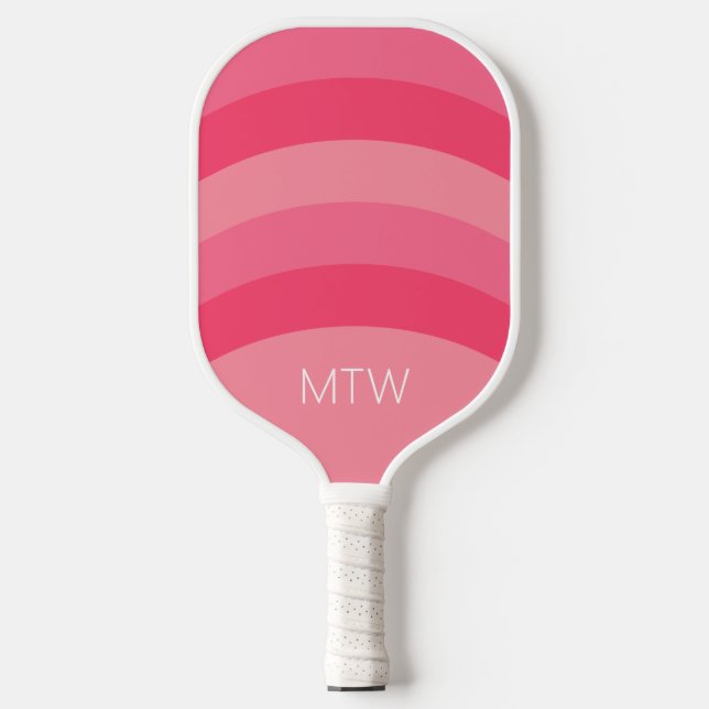 Simple Pink Stripes White Monogram Pickleball Paddle (Front)