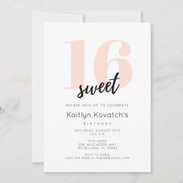 Simple Pink Teen Sweet 16 Sixteenth Birthday Invitation (Front)