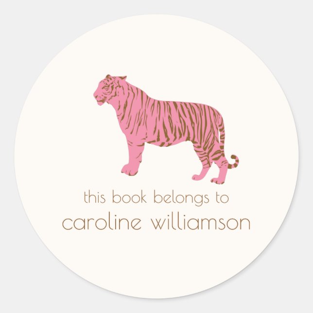 Simple Pink Tiger Custom This Book Belongs To Classic Round Sticker (Front)