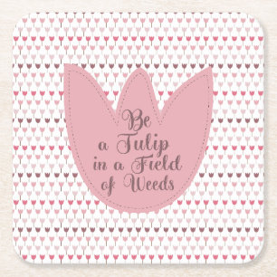Simple Pink Tulip Pattern Square Paper Coaster