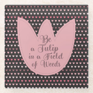 Simple Pink Tulip Pattern with dark background Glass Coaster