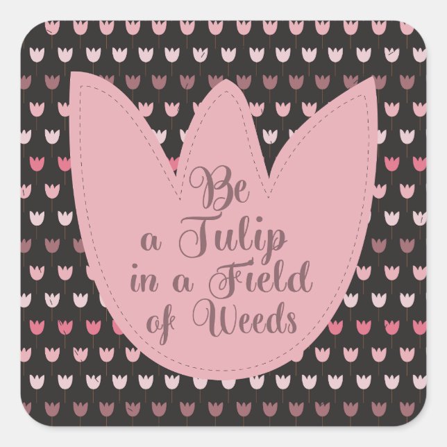 Simple Pink Tulip Pattern with dark background Square Sticker (Front)
