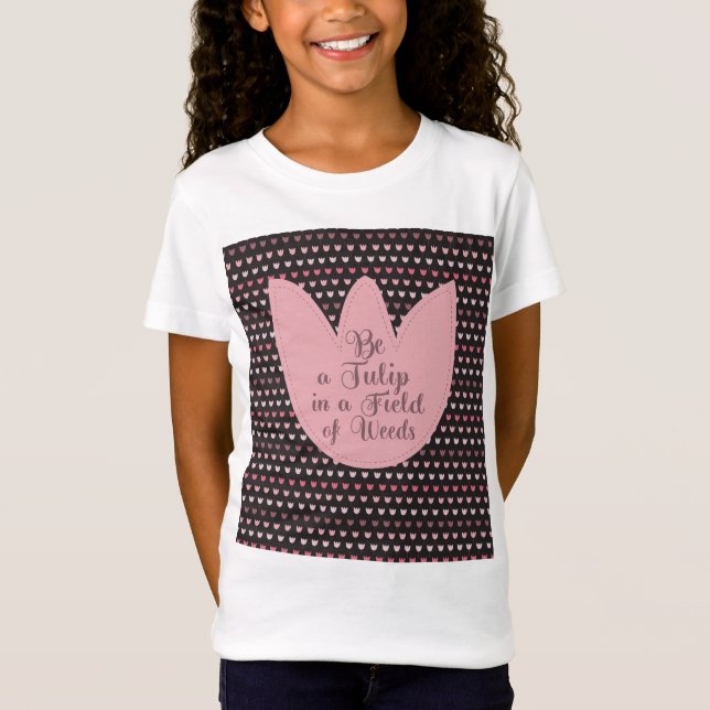 Simple Pink Tulip Pattern with dark background T-Shirt (Front)