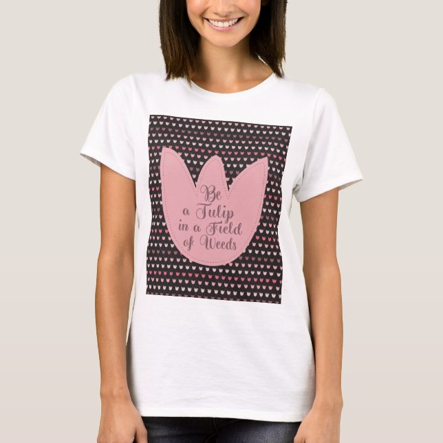 Simple Pink Tulip Pattern with dark background T-Shirt (Front)