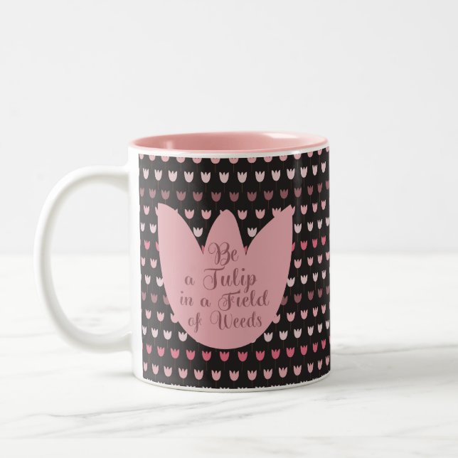 Simple Pink Tulip Pattern with dark background Two-Tone Coffee Mug (Left)
