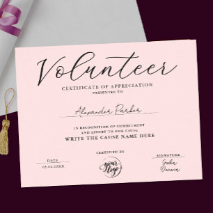 Simple Pink Volunteer Certificate Recognition Poster