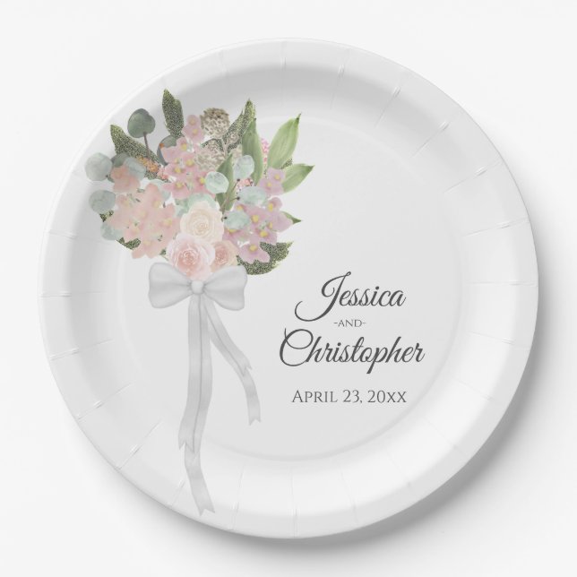 Simple Pink Watercolor Bouquet Floral Wedding Paper Plate (Front)