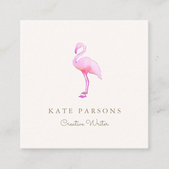 Simple Pink Watercolor Flamingo  Square Business Card (Front)