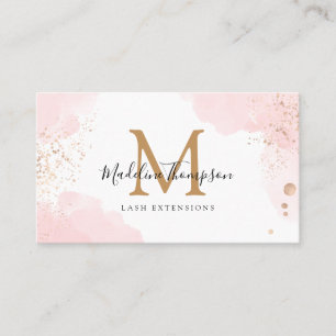 Simple Pink Watercolor Gold Splash Monogram Business Card