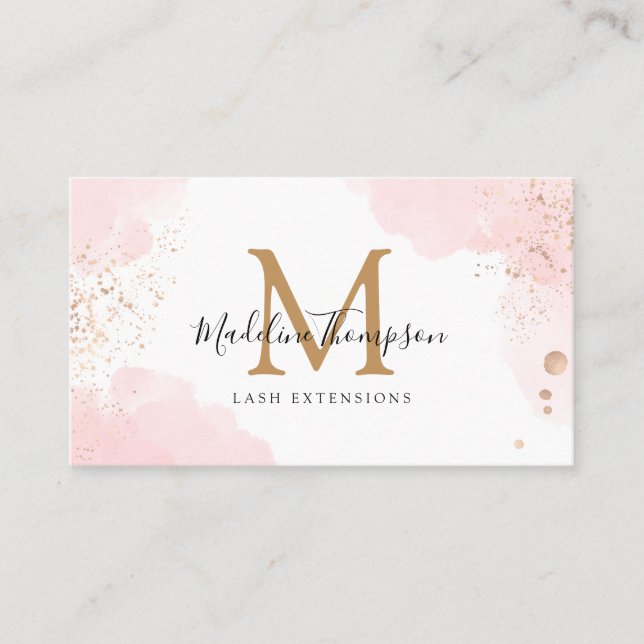 Simple Pink Watercolor Gold Splash Monogram Business Card (Front)