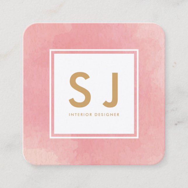Simple Pink Watercolour Modern Interior Designer Square Business Card (Front)